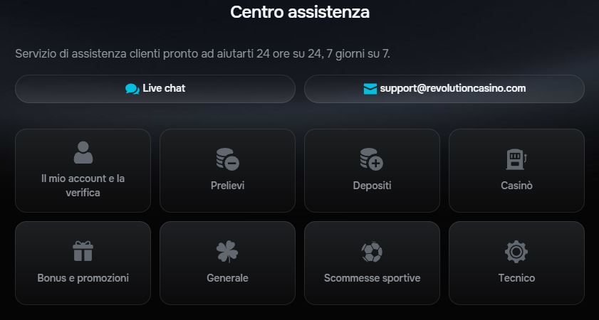 Contatta il supporto Revolution Casino tramite live chat o email